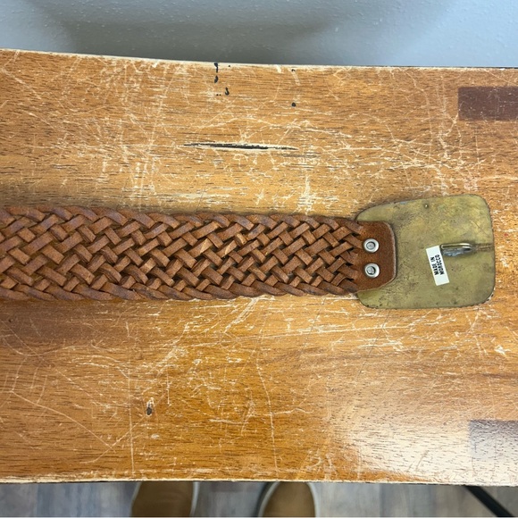 Vintage Leather Woven Brown Belt Wooden Brass Buckle Morocco 34/36 Size Western - Picture 9 of 10
